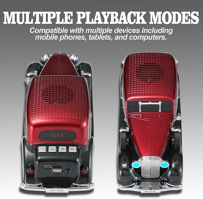 WSTER Vintage Car Bluetooth Speaker, Retro Classic Model with Powerful Sound, Built-in Mic, TWS Dual Pairing, Multi-Interface Output, Portable Wireless Outdoor Speaker for Parties & Beach (RED)