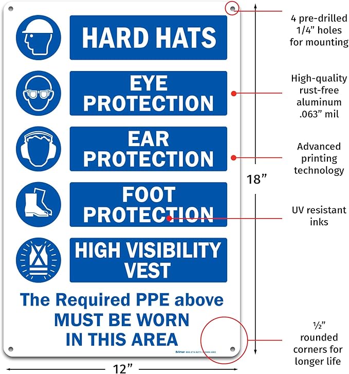 Brimar - 12" x 18" - The Required PPE Must Be Worn Sign - .063″ White Rust-Free Aluminum - Bold Text - Easy Installation
