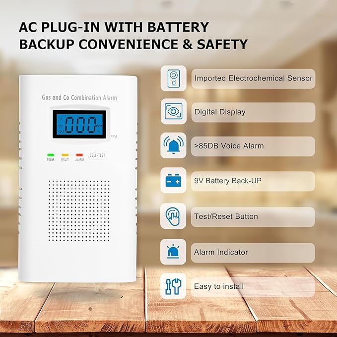 Combination Gas and Carbon Monoxide Detector Plug-in | CO Alarm & Natural Gas Combustible Detector | Digital Display, Battery Backup, Easy Install | for Home Kitchen Safety Monitoring 1-Pack