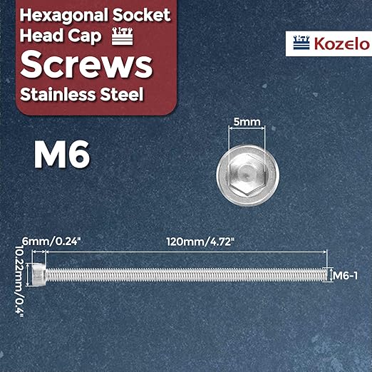 Kozelo 10pcs Socket Head Cap Screws - [M6-1 x 120mm] 304 Stainless Steel Allen Socket Drive for Electrical Motor 3D Printing Fan Engine Replacement Use, Silver