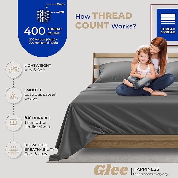 THREAD SPREAD 2-Pack Full Size Sheet Sets - 400 Thread Count 100% Cotton Sateen Weave - Extra Soft, Breathable, Hotel Quality Cooling Sheets, 2 Sets of Full Size Deep Pocket Bed Sheets (Dark Grey)