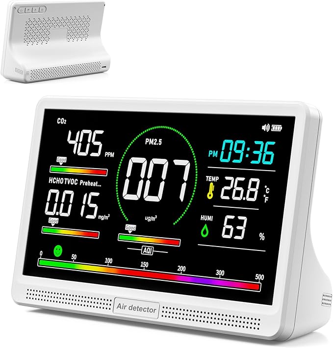 16 in 1 Air Quality Monitor Indoor 7" Display 9 AQI+7 AQI Alerts,Portable Air Quality Tester CO2, TVOC, PM2.5 PM1.0 PM10, HCHO Temperature Humidity AQI & Time Air Quality Meter for Home