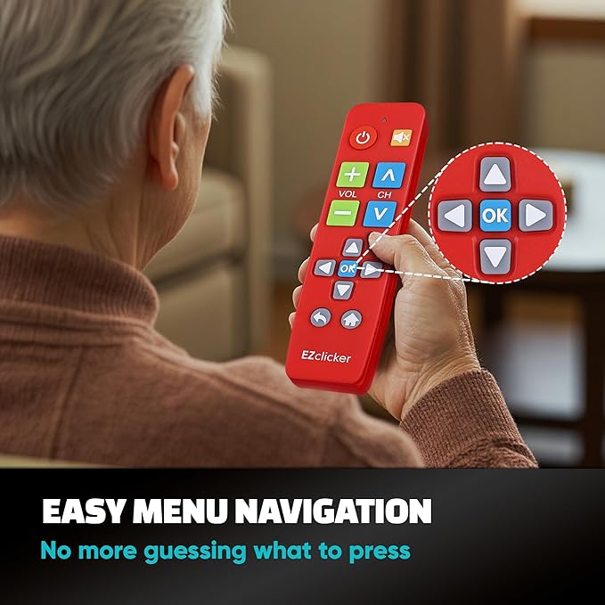 EZclicker Plus Big Button Universal TV Remote (Red) Simple Easy to Use, Works with Major TV Brands (2xAAA Batteries Not Included)