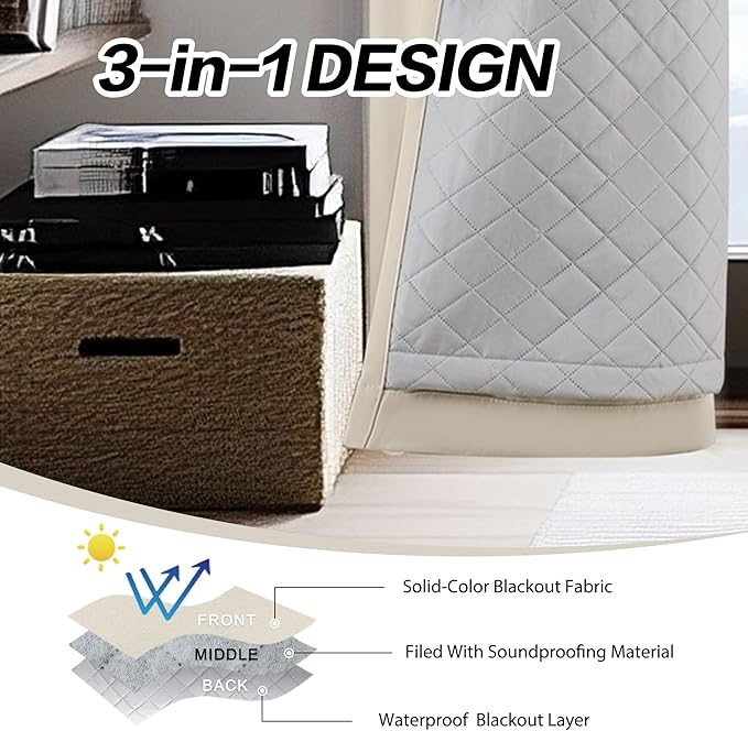 3-in-1 Winter Curtains Full Blackout Thermal Insulated Soundproof Grommet Curtains for Bedroom Living Room(Beige, 50x80 Inches, 1 Panel)