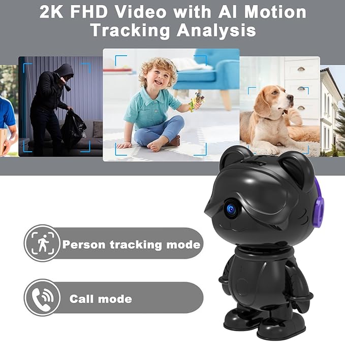 dzcctvipc Cute Bear 2K Home Security Camera – Motion Monitor, Baby Cry Detection,Privacy Mode,5G Dual-Band,Pan & Tilt,Night Vision,24/7 Recording,2-Way Audio,Compatible with Alexa & Google Assistant