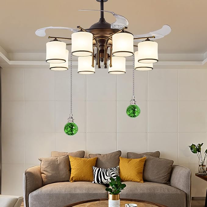 2PCS Green Pull Chain Crystal Glass Ice Cracked Ball Pull Chain for Ceiling Fan Light Decoration 50cm Extension Chain