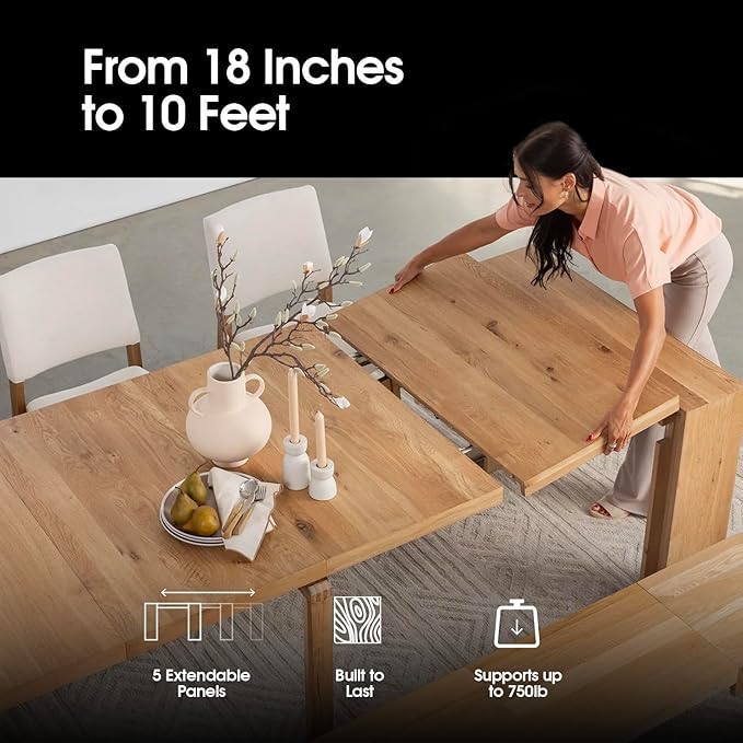 Transformer Table - Solid Wood Extendable Dining Table, Seats 2-12, Extendable Dining Room Table, Space-Saving Furniture, Expandable Dining Furniture (Natural, Table + Bench + Coffee Table)