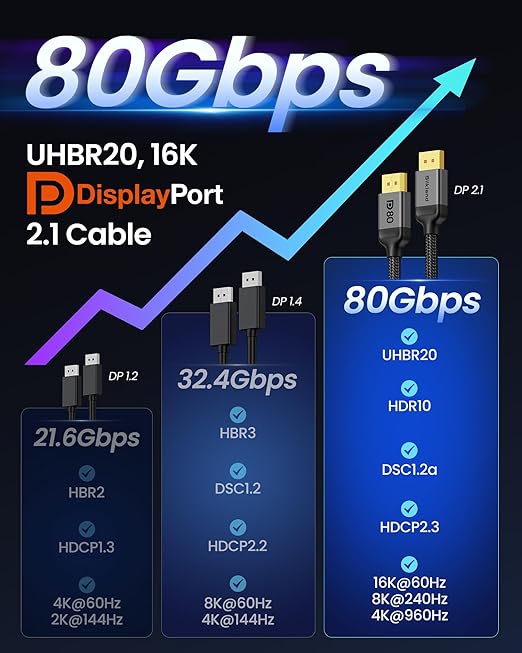 Silkland 80Gbps DisplayPort Cable 2.1 10FT/3M, [16K@60Hz, 8K@240Hz, 4K@540Hz 360Hz 240Hz] DP 2.1 Cable 16K, DP80 HDR DSC Display Port Cord Compatible FreeSync G-Sync Gaming Monitor 5090 7900XTX