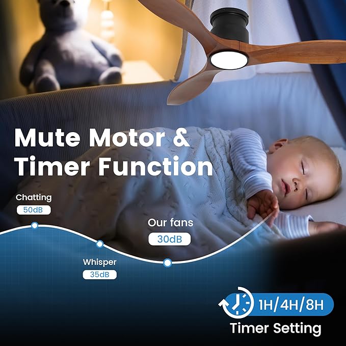 revoici 52Inch Wood Ceiling Fans with Lights and Remote Control, Indoor Outdoor Ceiling Fans Farmhouse, Low Profile Ceiling Fan with Light Timing 6 Speeds 3 Color Light Memory Lighting Reversible