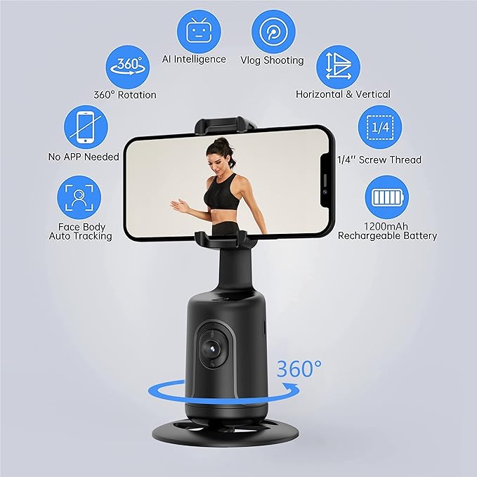 Auto Face Tracking Tripod, 360° Rotation Body Phone Camera Mount Smart Shooting Holder with Remote Selfie Stick, No App, Gesture Control, for Vlog, Tiktok