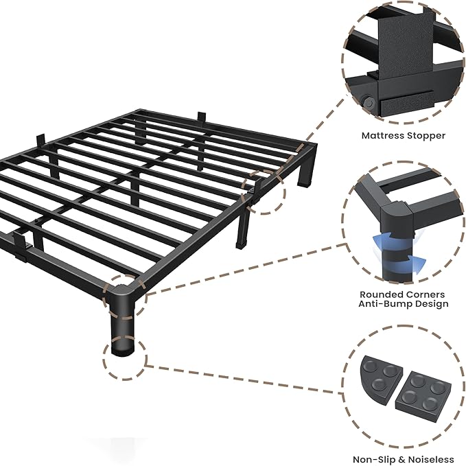 ROIL 7 inch Full Size Bed Frame with Round Corner Legs Mattress Retainers 3500LBS Heavy Duty Steel Slats No Box Spring Needed Platform Noise-Free Easy Assembly
