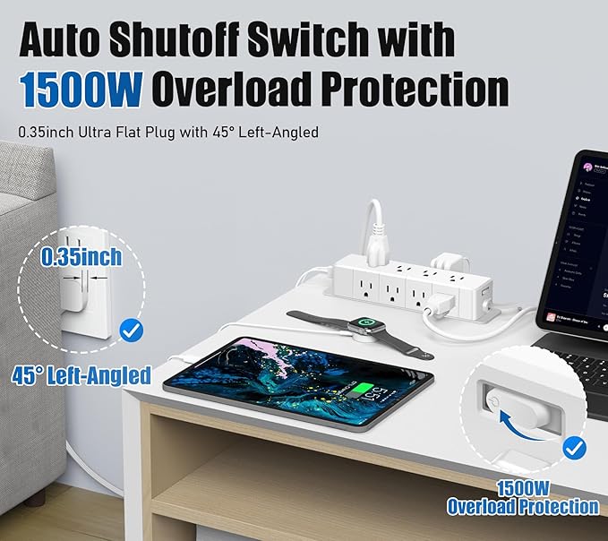 45W USB-C Fast Charging Under Desk Power Strip,12 Outlet Mountable Power Strip with 4 USB,1200J Surge Protection,6FT Flat Extension Cord