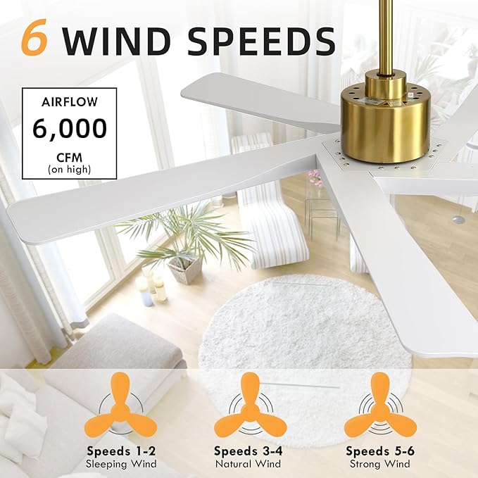 WINGBO 54" ABS DC Ceiling Fan No Light, 5 Blade ABS Plastic Ceiling Fan with Remote, 6-Speed Reversible DC Motor, Ceiling Fans without Light for Kitchen Bedroom Living Room, Brass and White