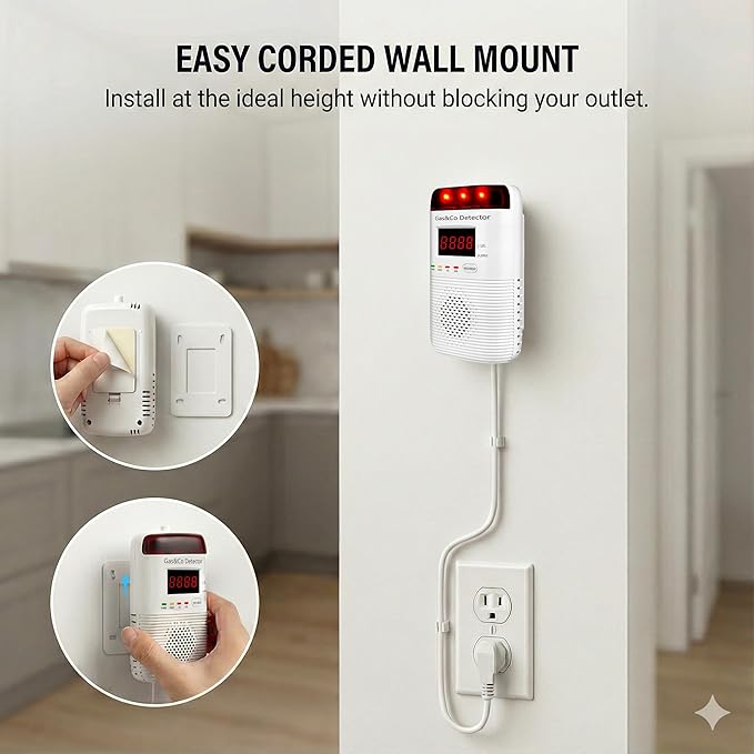 2 in 1 Gas and Carbon Monoxide Detector Plug in with Long Power Cord 85db Alarm Digital Display for Home Kitchen Basement Garage No Drill Wall Mount Installation