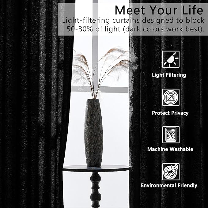SMILETIME Black Crushed Velvet Curtains 52x108 inch Luxurious Thermal Insulated Soundproof Drapes for Living Room Bedroom Office Soft and Durable Light-Filtering Window Treatments, 2 Panels