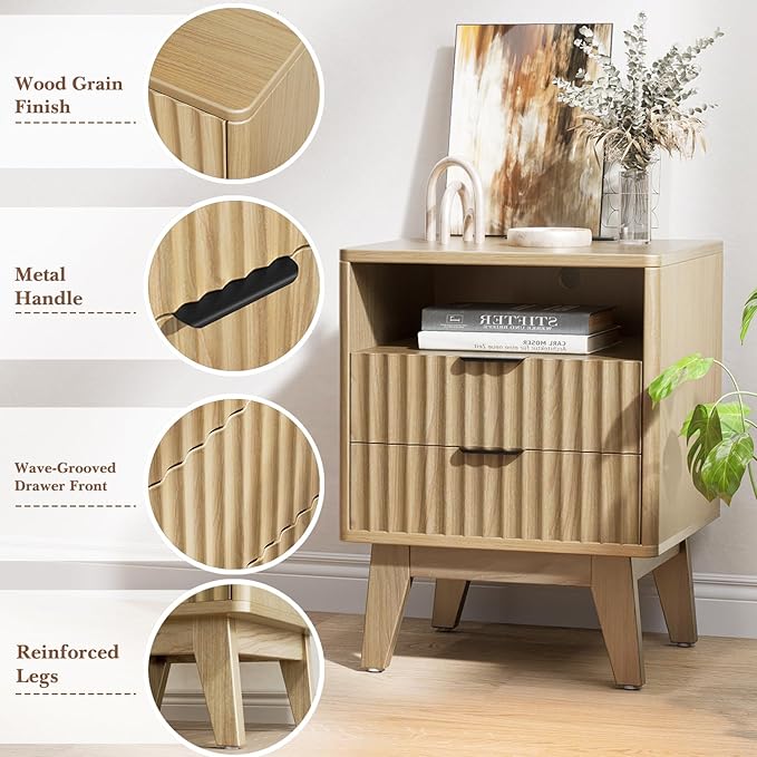 Nightstand Set of 2 with Charging Station, Modern Fluted 2 Drawer End Tables with Storage Shelf, Natural Oak Bedside Tables for Bedroom & Office