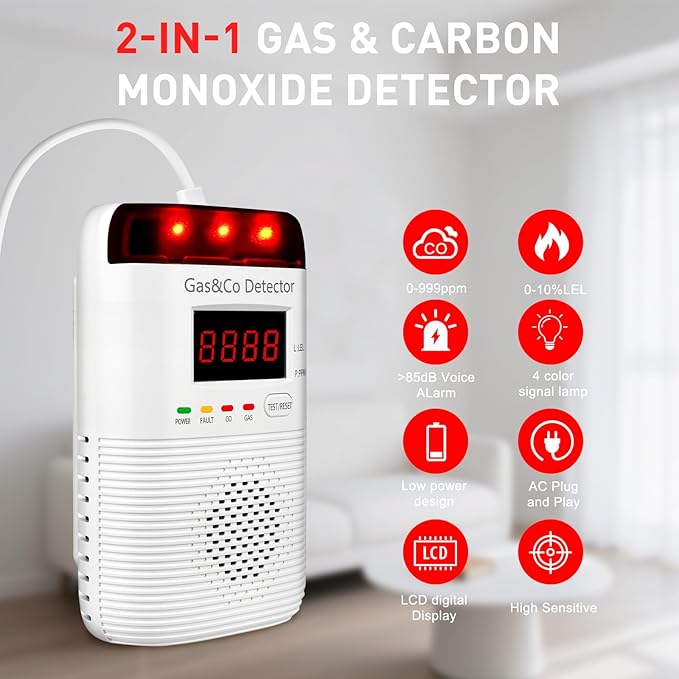 2 in 1 Gas and Carbon Monoxide Detector Plug in with Long Power Cord 85db Alarm Digital Display for Home Kitchen Basement Garage No Drill Wall Mount Installation