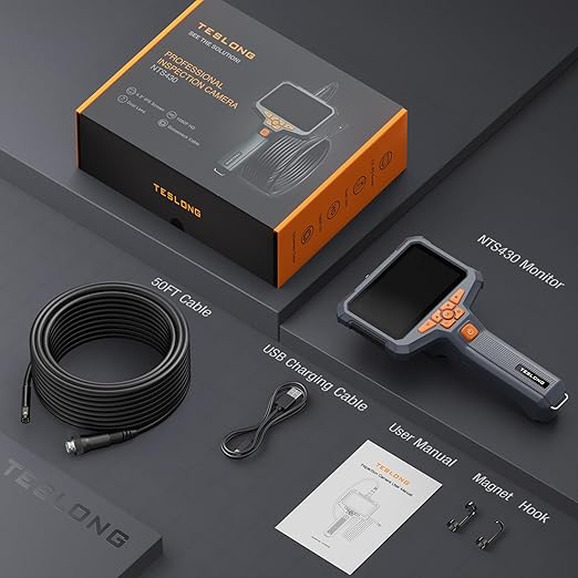 Teslong 50FT Sewer Camera, Dual Lens Borescope with Light, 4.3" HD Drain Plumbing Endoscope Inspection Camera, Home Waterproof Flexible in Wall Cam Pipe Tools, Snake Scope for Air Duct HVAC