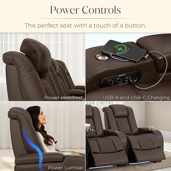 Seatcraft Diamante Zero-Gravity CoolZero Italian Leather Home Theater Seating, Power Headrest, Power Recline, Row of 3 Right Loveseat, Brown
