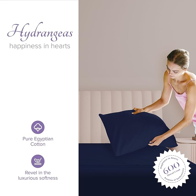 Carressa Linen 100% Egyptian Cotton King Size Pillow Cases Set of 2 - Luxury 600 Thread Count King Pillowcases (Navy Blue), Silky Soft, Cooling, Breathable Sateen Weave Hotel Quality Bed Pillow Cover