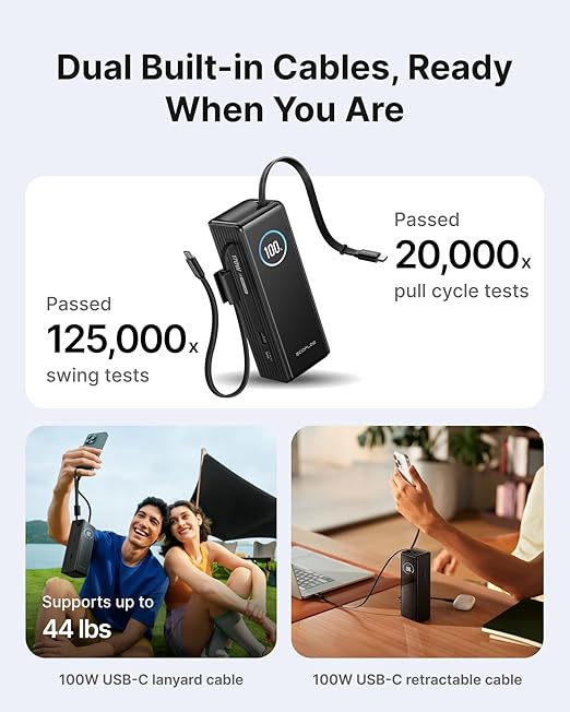 EF ECOFLOW Rapid Power Bank, 25,000mAh, 100W Built-in and Retractable Cables, 170W Portable Charger with Triple 100W USB-C Port, Compatible with iPhone 17/16/15/14, Samsung, Laptop and More, Black