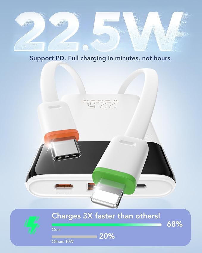 VEGER Portable Charger with Built in Cable, 10000mAh 22.5W Fast Charging USB C Battery Pack, 4 Outputs 3 Inputs Power Bank for iPhone 16/15/14/13 Series, iPad, Samsung, Android, Tablet, White(1 Pack)