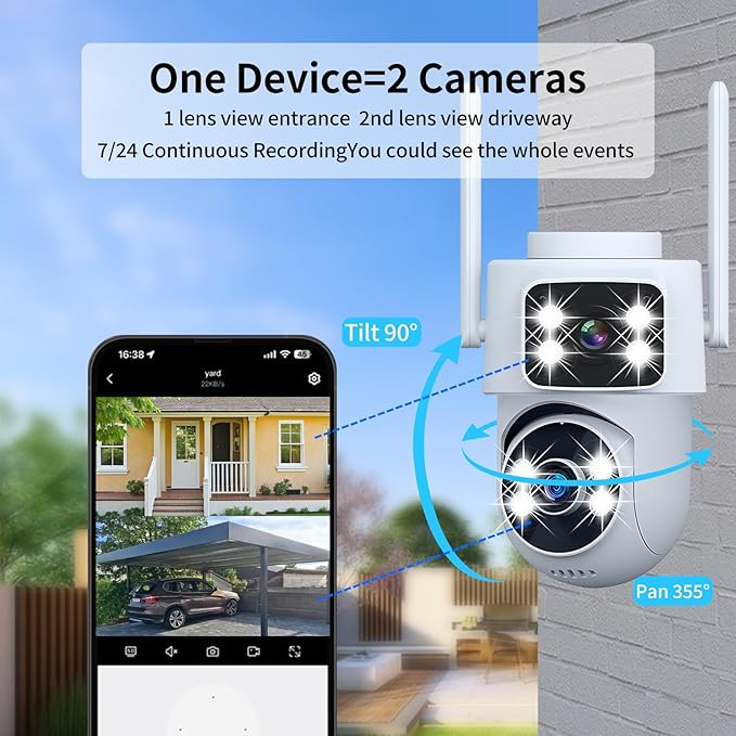 DZCCTVIPC Dual-Lens 2K Smart Indoor/Outdoor Security Camera, 5GHz Wi-Fi, 360° AI Motion Tracking,Color Night Vision,IP65 Weatherproof, 2-Way Audio,24/7 Recording,Works with Alexa & Google (No SD Card)