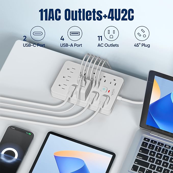 JouleLoom 10 FT Flat Plug Surge Protector Power Strip,11 Multiple AC Outlets with 6 USB Ports (2 USB C), 6 Feet Extension Cord, 1250W/10A, One Touch Switch Button, White
