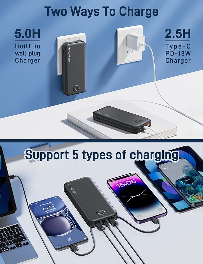 Nusyddy 22.5W Super Fast Charging Portable Charger with Wall Plug,12000mAh USB-C Power Bank Built-in 2 Cable, Lightweight Phone Charger Travel Battery Pack for All iPhone, Samsung, Tablets