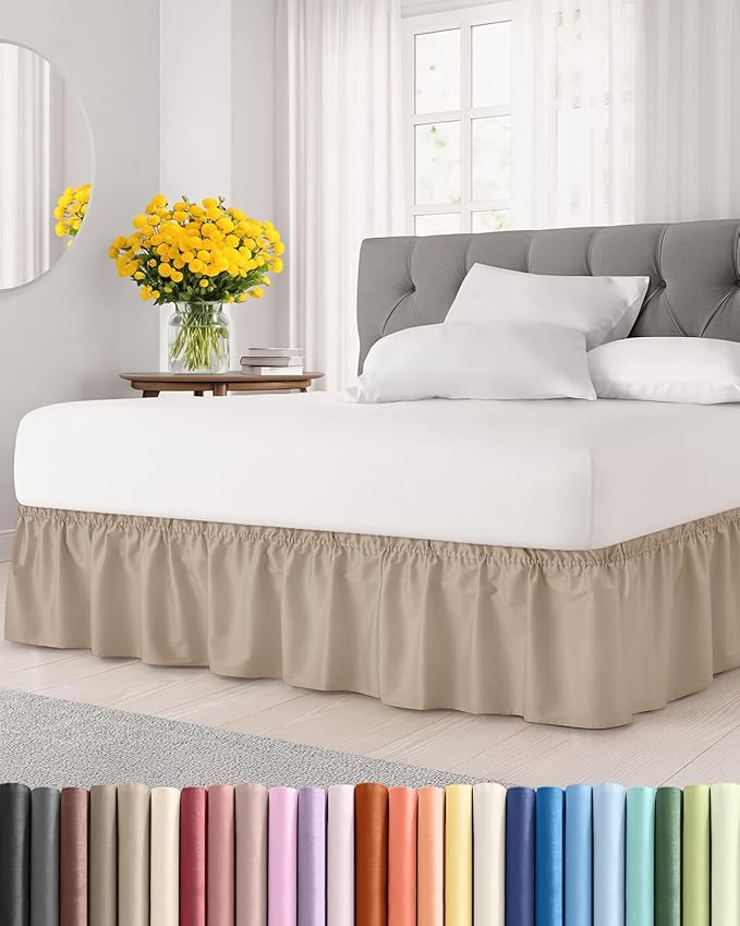 Wrap Around Dust Ruffle Bed Skirt - Cream - for Twin Size Beds w/ 14 Inch Drop - Easy Fit Elastic Strap - Adjustable Pleated Bedskirt w/Brushed Fabric, Wrinkle & Fade Free Women, Men, Kids & Teens