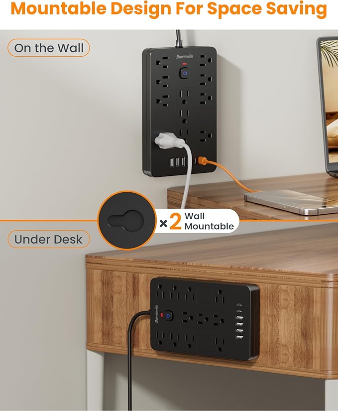 Bawmwim Surge Protector Power Strip - 11 Outlets(1850W/15A) with 6 USB Ports(2 USB C), 6FT Flat Plug Extension Cord, Wall Mount, Black, ETL Listed for Home, Dorm Room