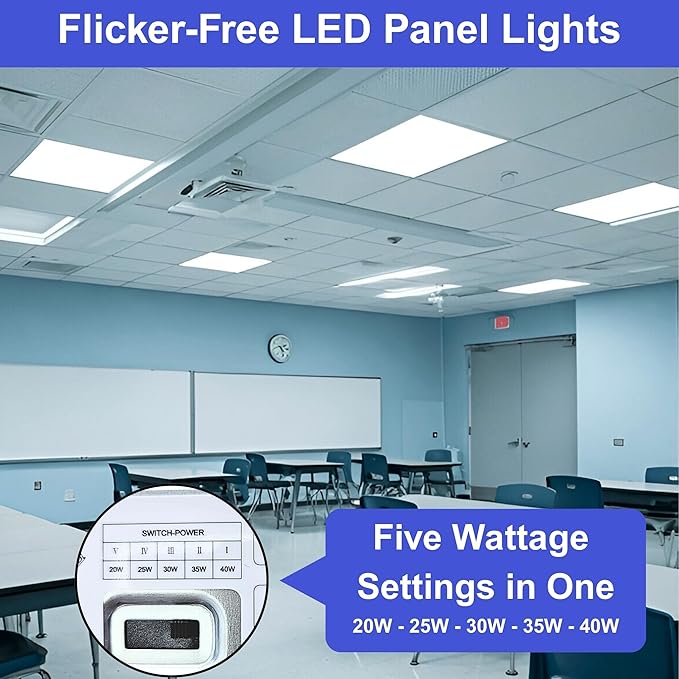 2x2 LED Flat Panel Lights for Drop Ceiling, Troffer Replacement Light Fixture, 4400 LM, Selectable Features, 20W/25W/30W/35W/40W, 3000K/3500K/4000K/5000K/6500K, Dimmable (0-10V) ETL/DLC (4-Pack)