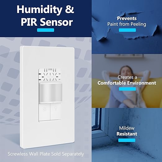 LIDER Humidity Sensor Switch and Motion Sensor Light Switch, PIR Sensor, Humidity Detection, Occupancy/Vacancy, No Neutral Required, ¼ HP, 1-Pole, UL Listed, White, Wall Plate Included, 2 Pack