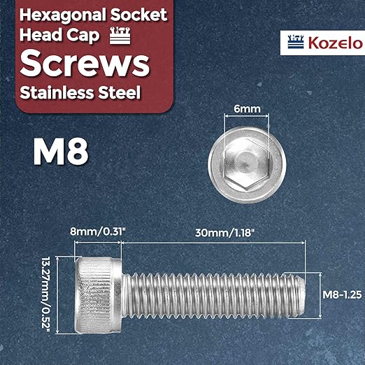 Kozelo 10pcs Socket Head Cap Screws - [M8-1.25 x 30mm] 304 Stainless Steel Allen Socket Drive for Electrical Motor 3D Printing Fan Engine Replacement Use, Silver