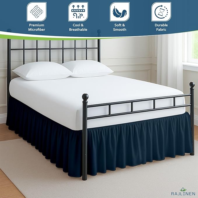 Rajlinen Ruffled Bed Skirt Twin XL, 18 Inch Drop Dust Ruffle with Split Corners, 100% Microfiber Bedskirt with Platform, Three-Sided Coverage Ruffled Gathering Design, Navy Blue