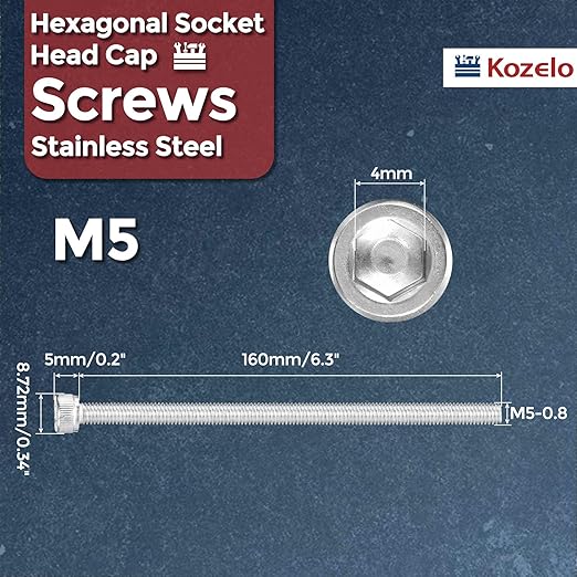 Kozelo 2pcs Socket Head Cap Screws - [M5-0.8 x 160mm] 304 Stainless Steel Allen Socket Drive for Electrical Motor 3D Printing Fan Engine Replacement Use, Silver
