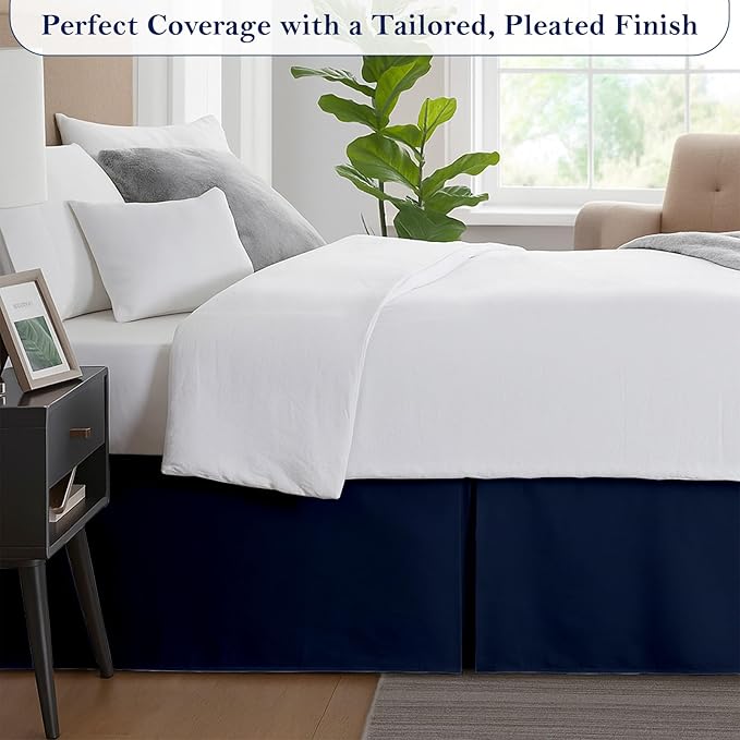 Twin Bed Skirt, Luxury 15 Inch Drop Navy Blue Pleated Bed Skirt, Double Brushed Microfiber, Box Pleat Design, Wrinkle & Fade Resistant, Easy Fit Tailored Bedskirt for Twin Size Beds