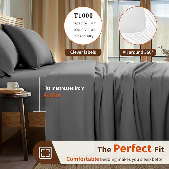 LBRO2M 1000 Thread Count 100% Egyptian Cotton Sheets Set Twin, 3 Piece Sets Bed Sheet Deep Pocket Sheet Set 16" Soft Comfortable All Season (Twin, Dark Grey)