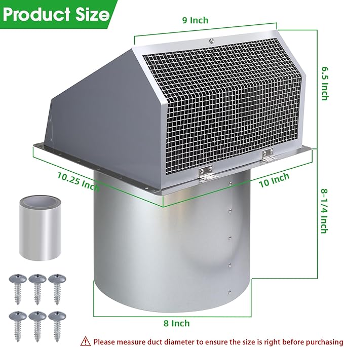 8 Inch Hooded Wall Vent with Screen and Damper, Wall Exhaust Vent Cover Cap for Exterior Ventilation and Outdoor Air Exhaust Kitchen Range Hood Dryer HVAC Duct, Galvanized Steel, Gray