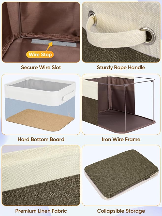 BALEINE 4 Pack Fabric Storage Bins for Shelves, Linen Storage Baskets for Organizing, Decorative Closet Bins for Clothes, Home (Brown, 12"x8"x8")