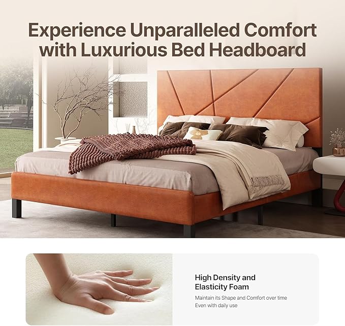 Upholstered King Size Platform Bed Frame with Faux Leather Padded Headboard, Sturdy Metal Slats Support, No Box Spring Needed, Vintage Brown