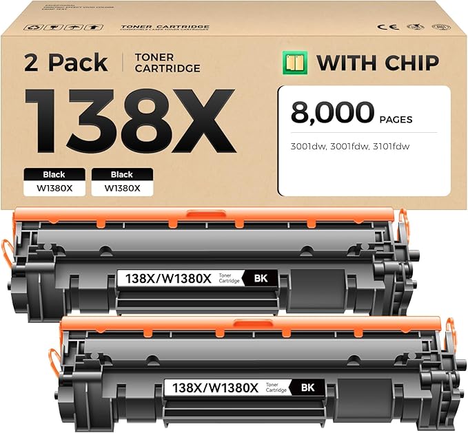 138X Toner Cartridge 2-Black with chip High Yield Replacement for HP 138X W1380X 138A W1380A Compatible with HP LaserJet Pro 3001dw 3001fdw MFP 3101fdw Printer Ink 3001dwe 3001fdwe 3101fdwe All-in-One