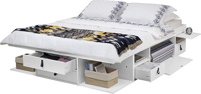memomad Bali Slim Set: Storage Platform Bed with Drawers + Flat Panel Headboard (Queen Size, White Wood)