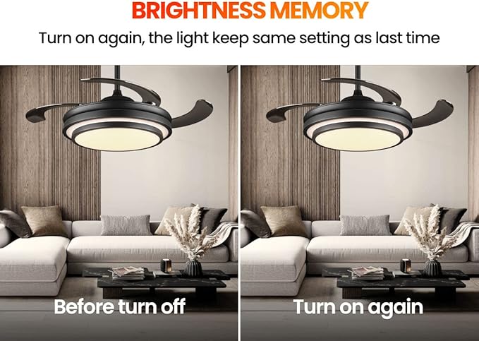42 Inch Black Modern Ceiling Fan with Lights and APP Control,Retractable Fandelier Celing Fan with Light, 6 Speed,Light Dimmable Memory,Silent Reversible Motor for Bedroom Kitchen Living Room