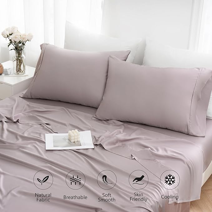 Linen World King Size 400TC Cooling Bed Sheet Set - 100% Organically Grown Viscose Sheets, Silky Soft & Breathable, Deep Pocket Fits Up to 16", 4-Piece Sheets with Pillowcases, Mauve