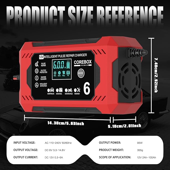 Corebox Battery Charger 6-Amp 12V Automatic Smart Battery Trickle Charger, Battery Maintainer Desulfator with Temperature Compensation for Car Truck Motorcycle Lawn Mower Marine