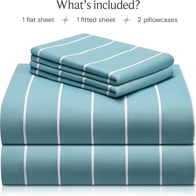 LuxClub 4 PC Full Sheet Set, Deep Pockets Wrinkle Free Cooling Bed Sheets Hotel Bedding for Women, Men, Includes 1 Fitted Sheet, 1 Flat Sheet and 2 Pillowcases-Striped - Light Blue