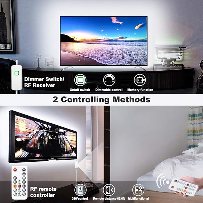 MY BEAUTY LIGHT LED Strip Lights White, 50.5ft Dimmable LED Light Strip with RF Remote, 24v Plug-in Adhesive Rope Lights with Timing Mode for Living Room Bedroom Kitchen