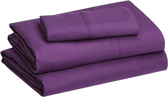 Amazon Basics Lightweight Super Soft Easy Care Wrinkle Free Microfiber 3 Piece Bed Sheet Set with 14-Inch Deep Pockets, Twin, Plum, Solid, Kids, Men & Women Bedding (Pack of 4)