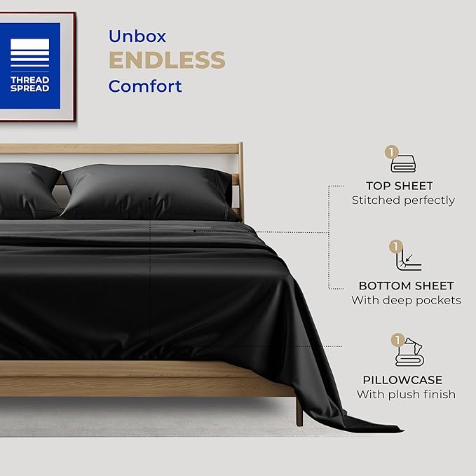 THREAD SPREAD 100% Cotton Sheets Twin Size - 400 Thread Count Cotton Bed Sheets Twin, 3 PC Set (Black), Luxury Soft, Breathable, Cooling, Sateen Weave 16" Deep Pocket Bedsheet for Dorm Rooms